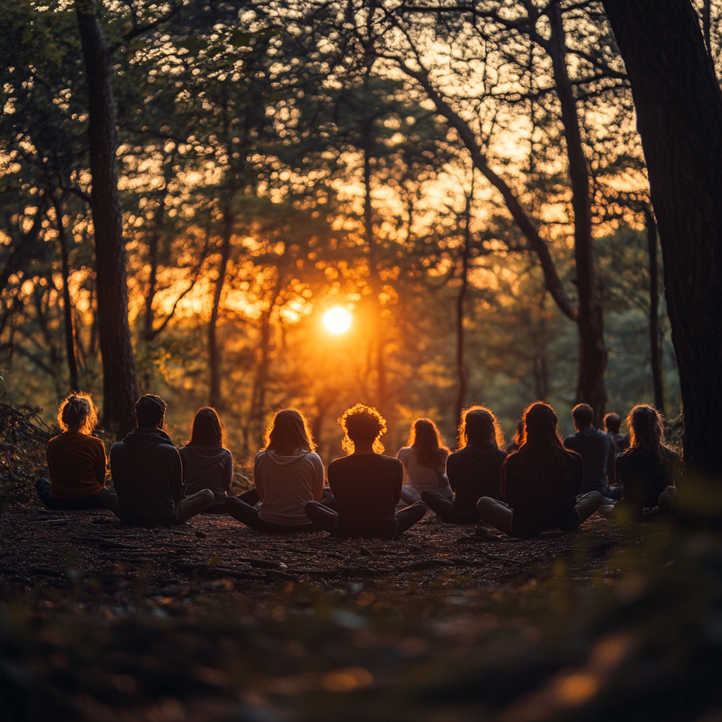 Група людей медитує у лісі під час заходу сонця