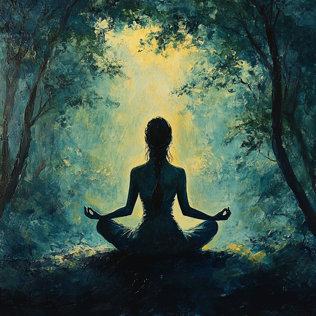 Жінка в позі лотоса медитує на фоні лісу