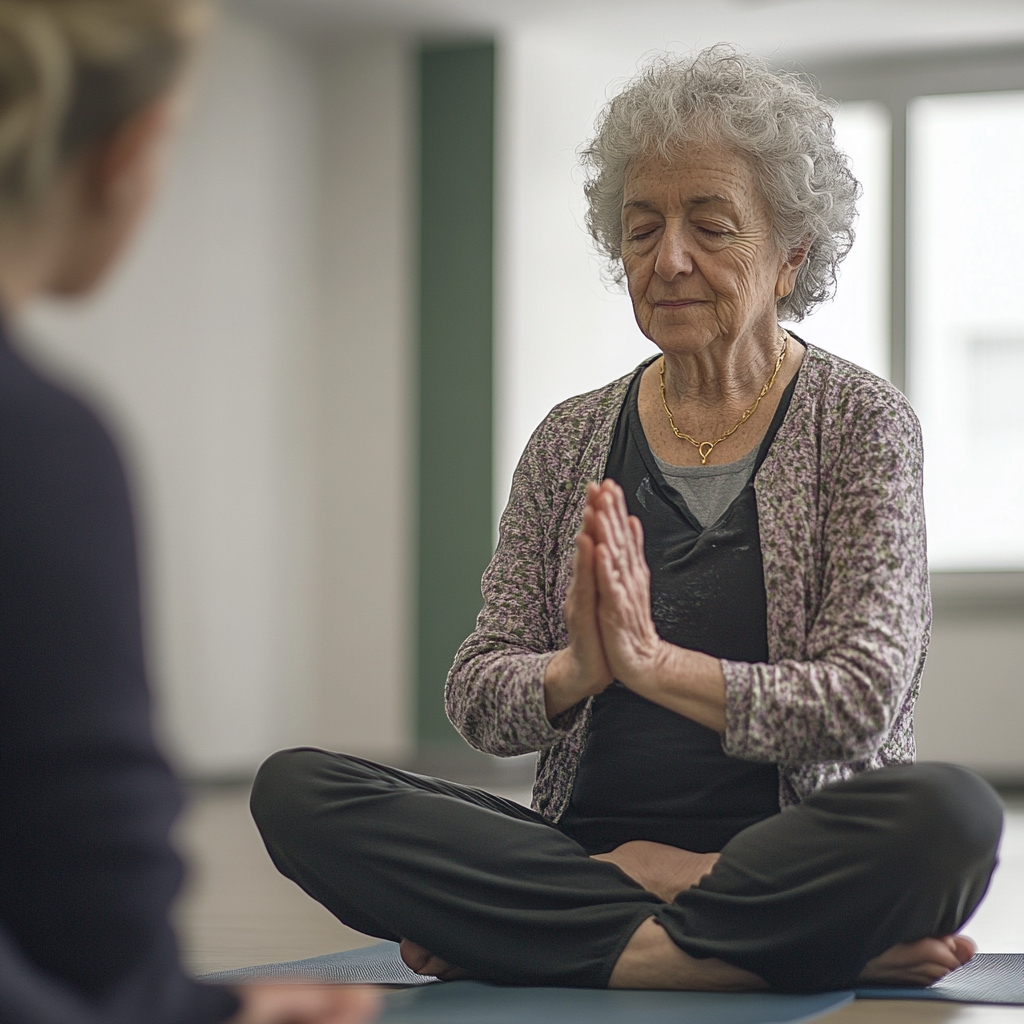 Початківець виконує базову позу йоги під керівництвом інструктора