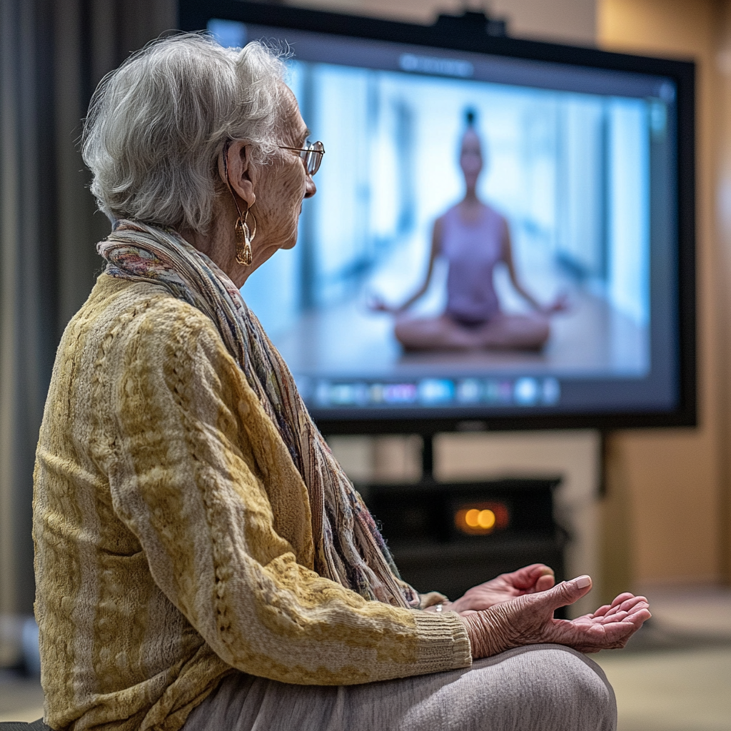 Людина практикує йогу вдома перед ноутбуком під час онлайн заняття